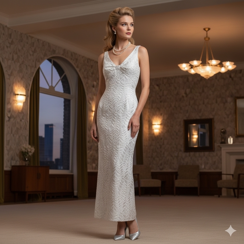 Vintage Silver Embossed A Line Formal Dress